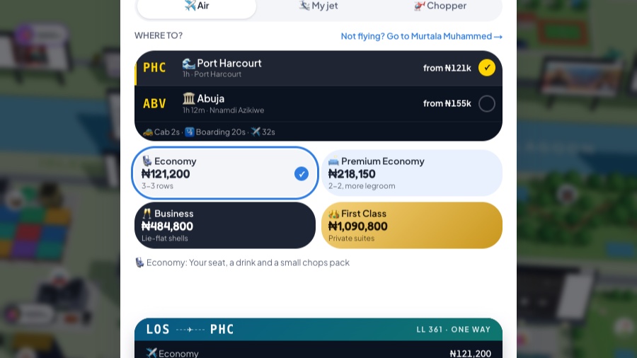 The Lagos Life flight-booking screen showing economy to first-class fares to Abuja and Port Harcourt